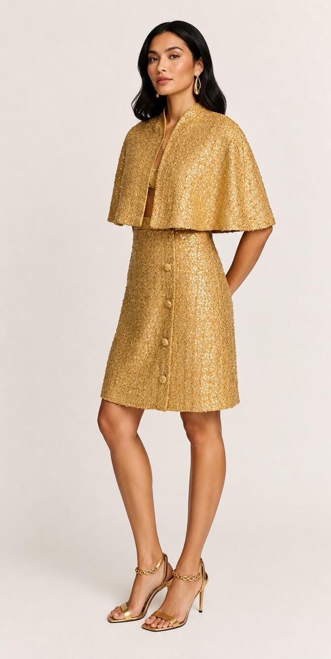 Donna Karan NY Gold Sequin Tweed Sheath Dress & Cape Set Womens Size 12 NWT